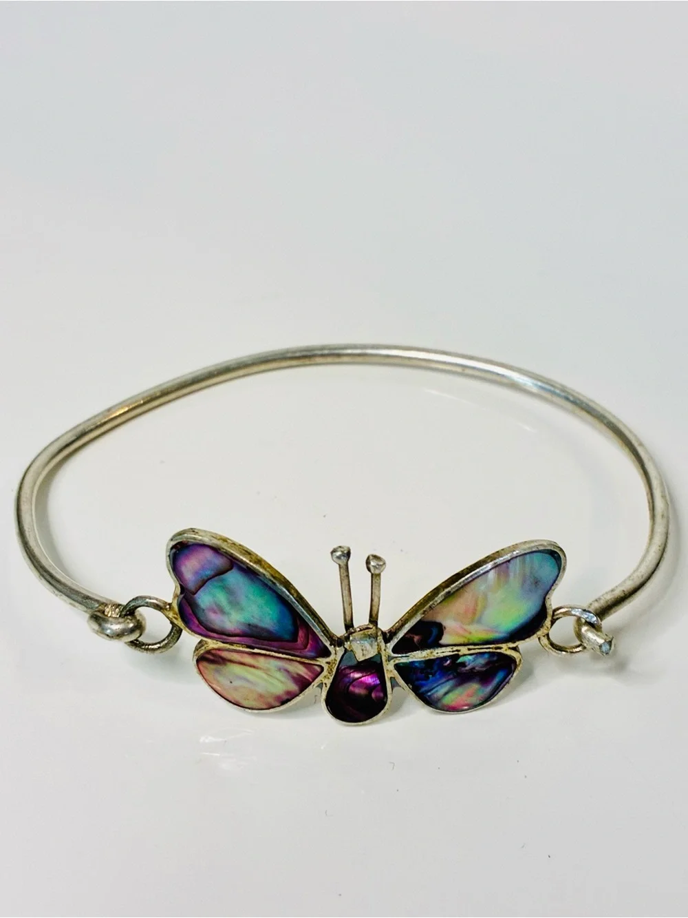 Iridescent Pink & Purple Mother of Pearl Inlay Butterfly Bangle Bracelet 925S